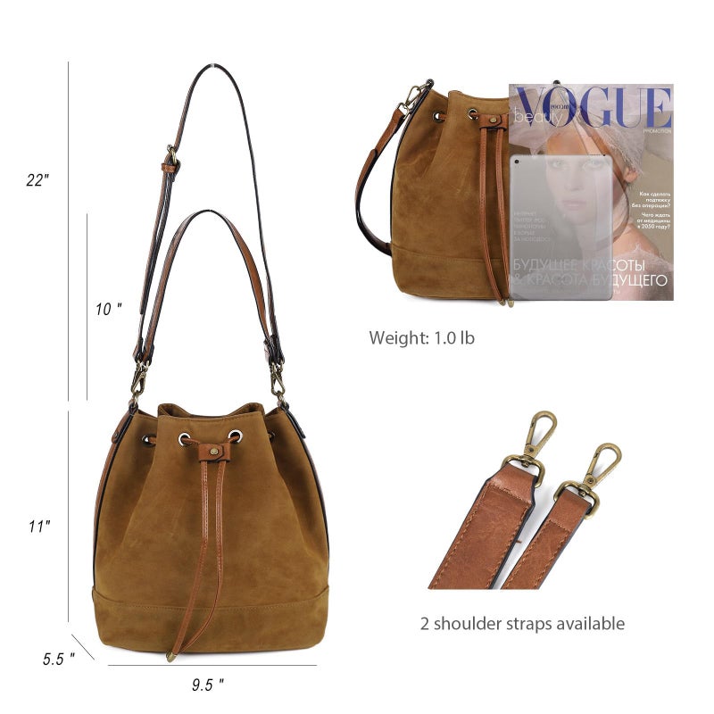 AFKOMST Leather Bucket Bags and Drawstring Crossbody Purse for Women Medium Tote and Hobo Handbags with 2 Shouder Straps - Image 5